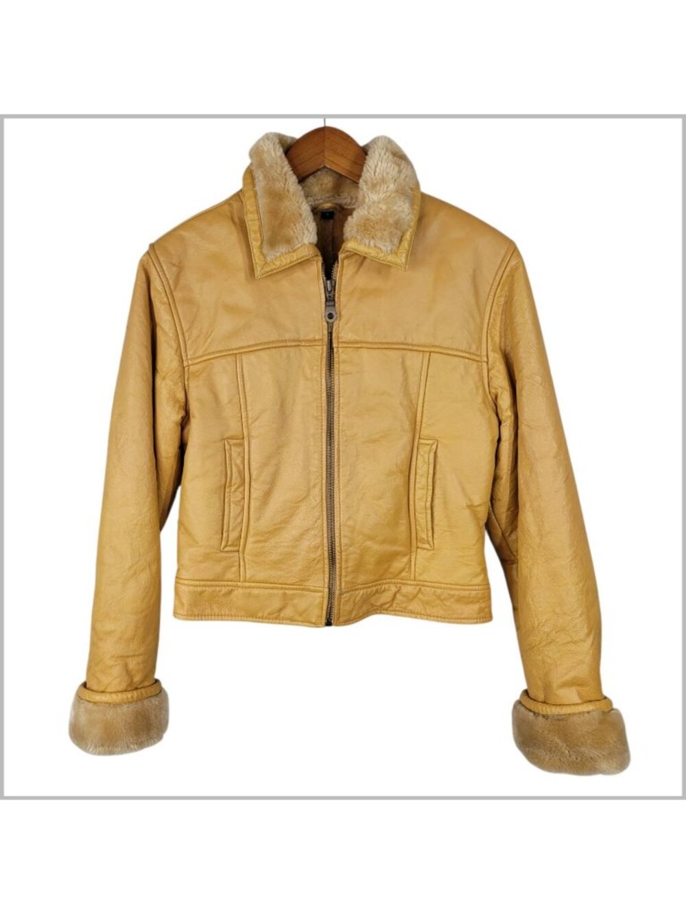 Vintage Tan Leather Crop Bomber Jacket Small Faux Fur Lined Y2K Aviator Womens